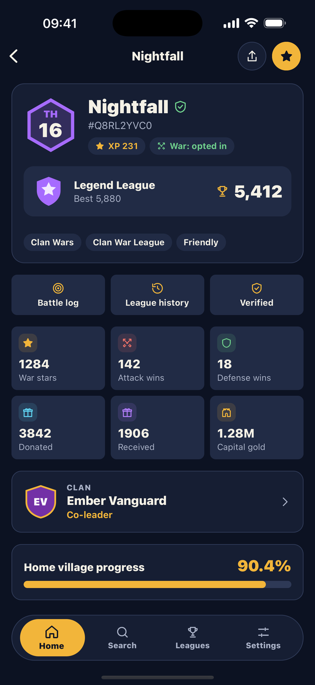 ClanScope player profile with Town Hall, league, trophies and hero levels